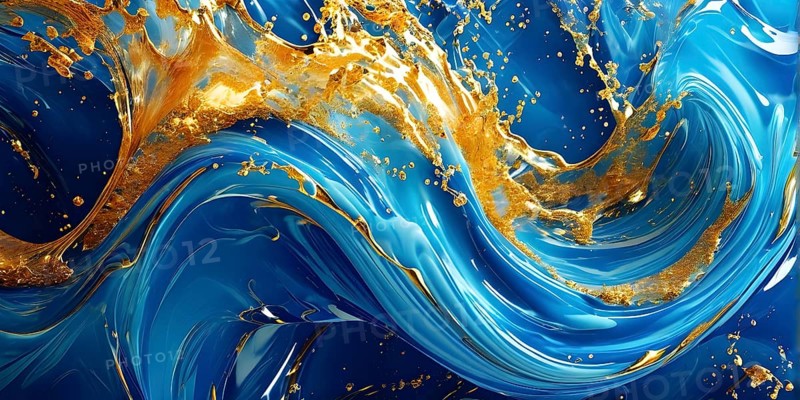 Digital art illustration of a liquid whirlpool swirling with blue and golden tones, AI generated