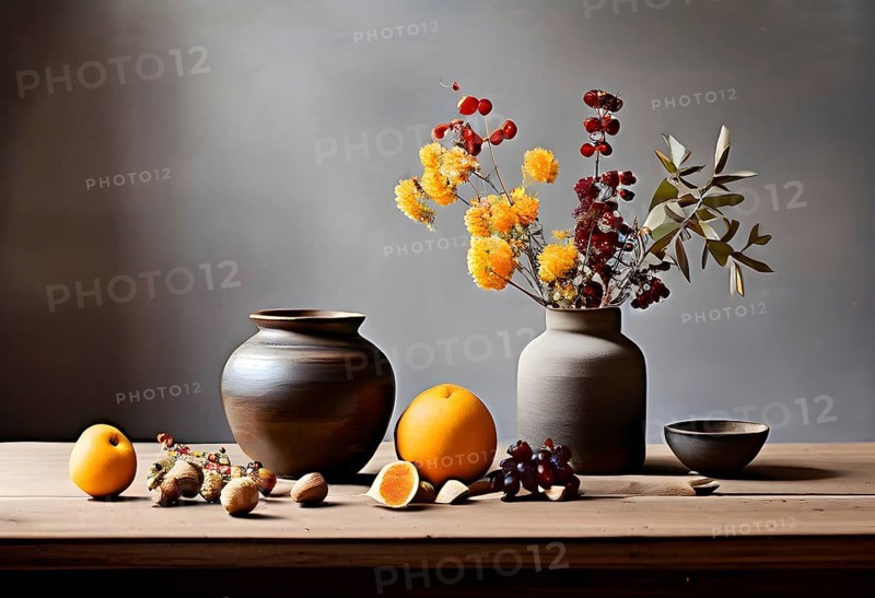 Still life scene of a simple wooden table with a vase of dried flowers, a few ceramic bowls, and scattered fruits, AI generated