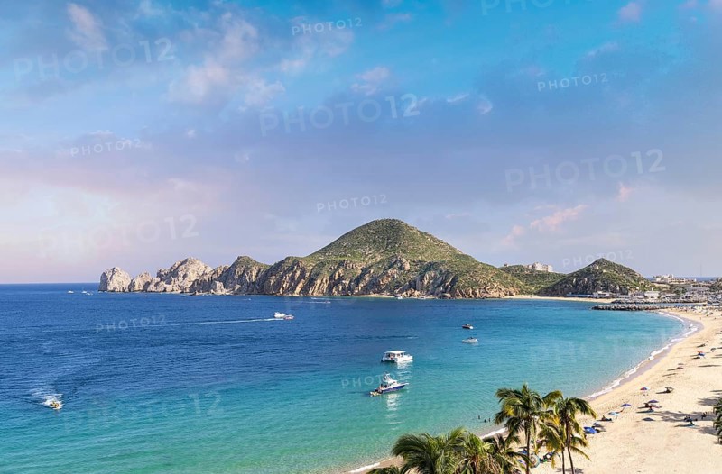 Cabo San Lucas, Mexico, Scenic panoramic aerial view of Los Cabos landmark tourist destination Arch of Cabo San Lucas, El Arco, whale watching and snorkeling spot, Central America