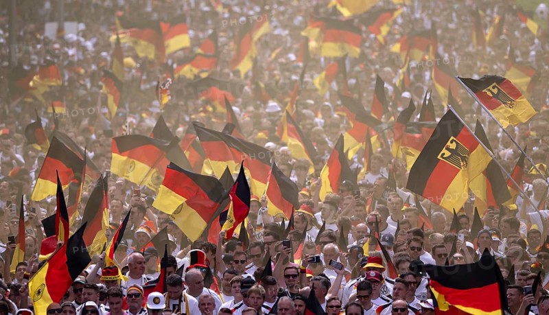 Fan march, German football fans march to the quarter-final Spain versus Germany, UEFA EURO 2024, European Championship, flags, sea of flags, atmosphere, atmospheric, fan club DFB, German Football Association, B14, Cannstatter Straße, Stuttgart, Baden-Württemberg, Germany, Europe