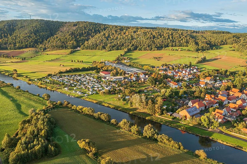 Aerial view of village Oedelsheim and the Weser river at sunset, traditional ferry, Weserbergland, Germany, Europe