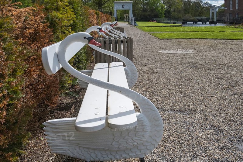 Swan-shaped park benches, Münsterland, North Rhine-Westphalia, Germany, Europe