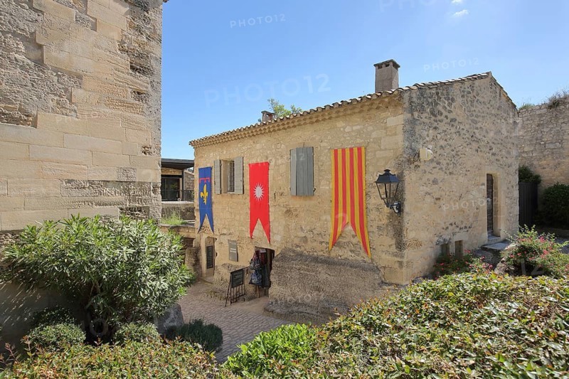 Building with banner and flags, mountain village, Les Baux-de-Provence, Alpilles, Alpilles, Bouches-du-Rhône, Provence, France, Europe
