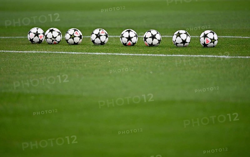 Adidas Derbystar Pro match balls lie on grass, Champions League, Allianz Arena, Munich, Bavaria, Germany, Europe