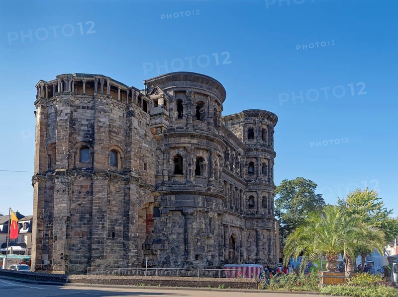 Porta Nigra on Porta Nigra Square. The building is part of the UNESCO World Heritage Roman Monuments, St Peter's Cathedral and Church of Our Lady in Trier. Old Town of Trier, Rhineland-Palatinate, Germany, Europe