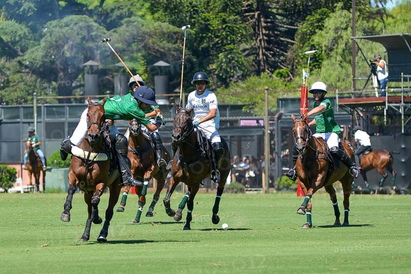 Scene from the 131st Argentine Open Polo Championship (Spanish: Campeonato Argentino Abierto de Polo), the most important international polo tournament, match La Hache Cria y Polo (green) against La Hache Polo Team (white), on 23 November 2024, Palermo, Buenos Aires, Argentina, South America