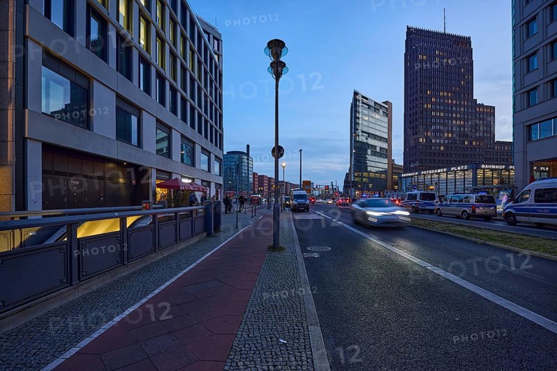 Ebertstraße with skyscrapers Forum Tower and Kollhoff-Tower at Potsdamer Platz at blue hour, dusk in Berlin, capital city, independent city, federal state Berlin, Germany, Europe
