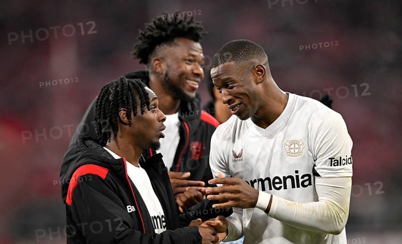 Final cheer, joy, Jeremie Frimpong Bayer 04 Leverkusen (30) (left) Edmond Tapsoba Bayer 04 Leverkusen (12) (centre) Nordi Mukiele Bayer 04 Leverkusen (23) (right) DFB Cup round of 16, Allianz Arena, Munich, Bavaria, Germany, Europe