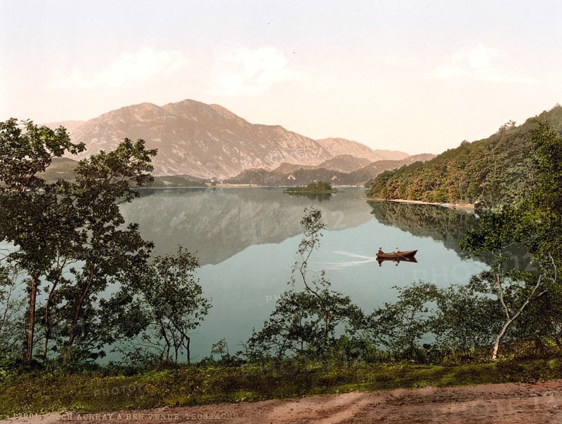 Loch Achray is a small freshwater loch on the southern edge of the Scottish Highlands, Scotland, Historic, digitally restored reproduction from a 19th century original, Record date not stated