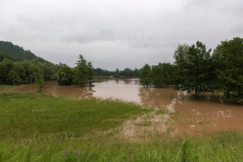 Symbolic image Extreme weather, global warming, high climate change, water retention basin, flood protection, flooded meadows, deciduous trees, Rems valley, Winterbach, Rems river, Baden-Württemberg, Germany, Europe