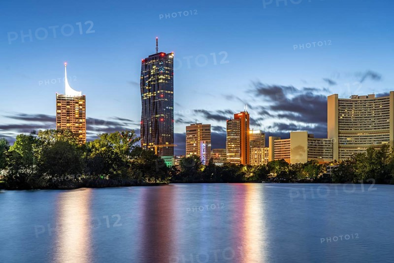 Kaiserwasser, UNO-City and the skyline of Donau City at dusk, Vienna, Austria, Europe