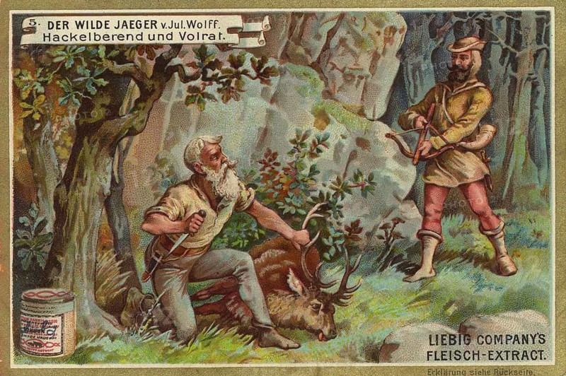 Picture series The Wild Hunter by Jul. Wolff, Volrat and Hackelberend, Liebig painting, digitally restored reproduction of a collective painting from ca. 1900, public domain, exact date unknown, Older hunter kills a stag in rocky terrain