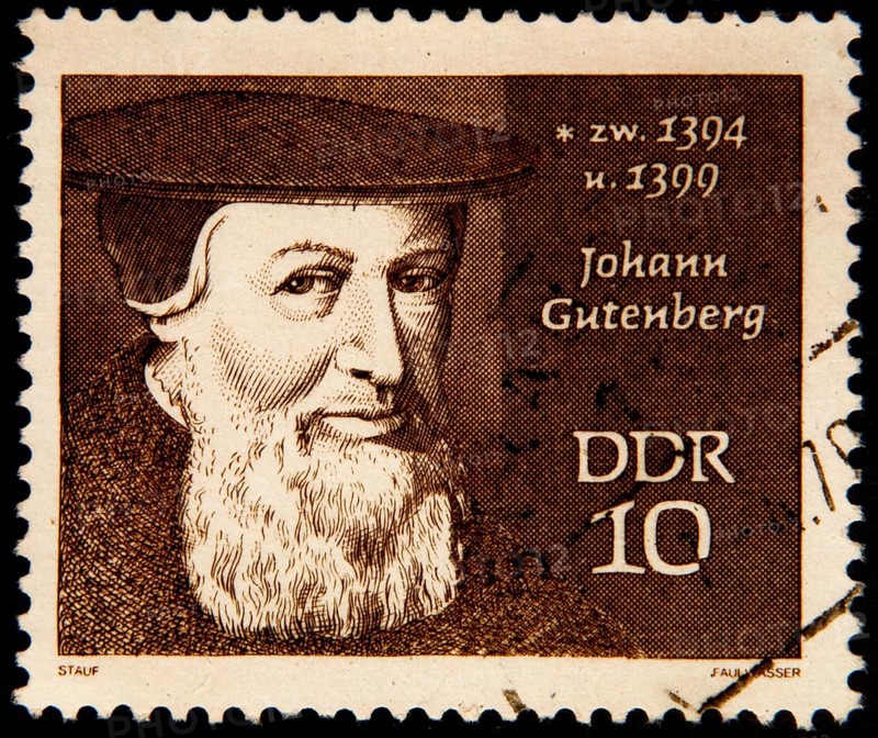 Johann Gutenberg, (about 1400-1468) a German book printer and inventor. Portrait on an East German stamp