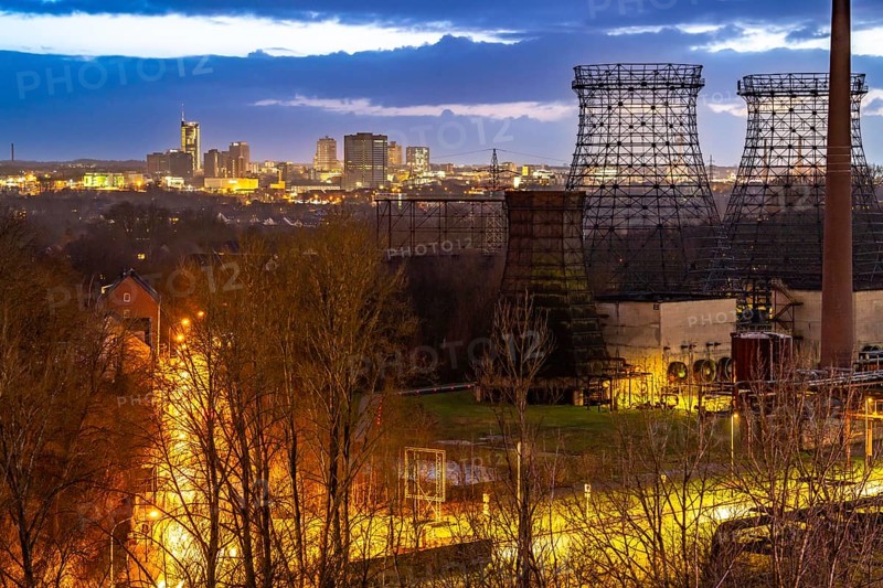 Skyline of Essen city centre, view from the north, skeleton of the cooling towers at the Zollverein coking plant, Ahrendahls Wiese street, in Essen-Stoppenberg, North Rhine-Westphalia, Germany, Europe