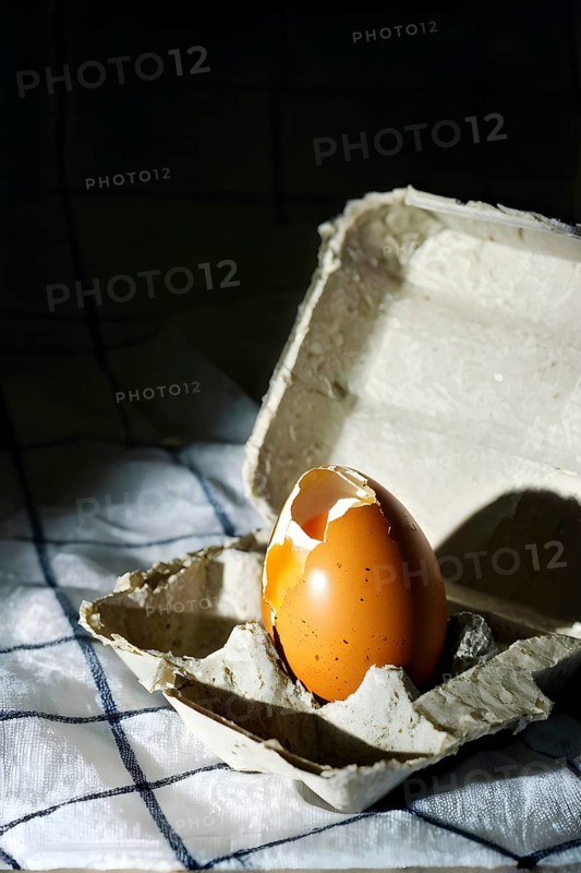 Cracked egg partially spilled on a checkered tablecloth, AI generated