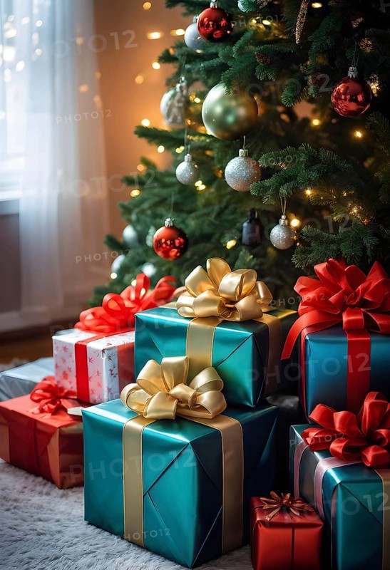 Beautiful wrapped Christmas gifts with shiny ribbons and bows stacked under a evergreen tree in a cozy living room, AI generated