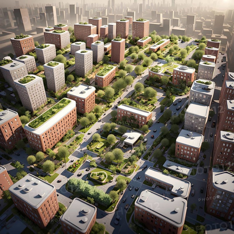 3d model render showcasing an urban neighborhood boasting ecological zero waste infrastructure with recycling stations, AI generated
