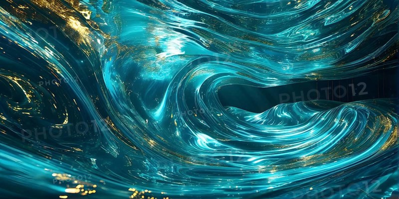 Digital art illustration of a liquid whirlpool swirling with cyan and golden tones, AI generated