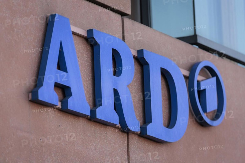 Logo on the capital city studio of ARD in Berlin, 27/03/2024
