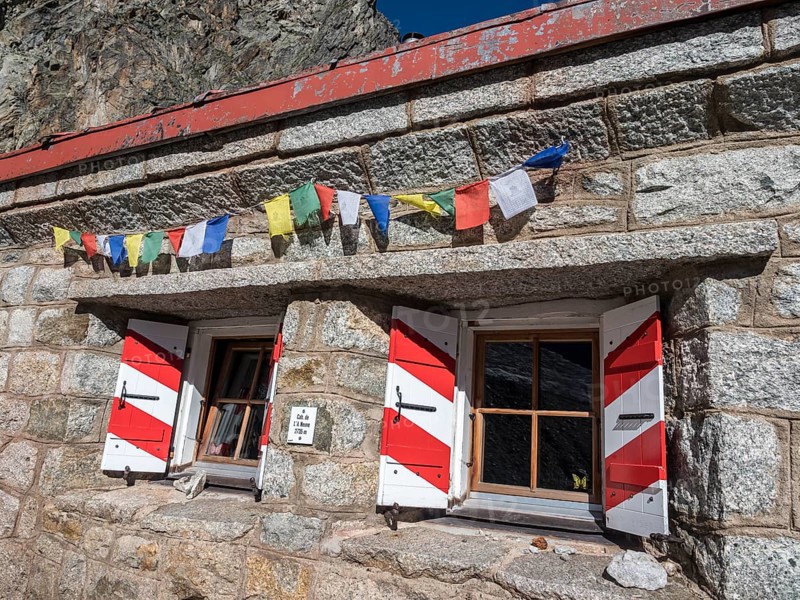 Mountain hut Cabane de l'A Neuve, located on a steep rock formation, near La Fouly, Val de Ferret, Switzerland, Europe