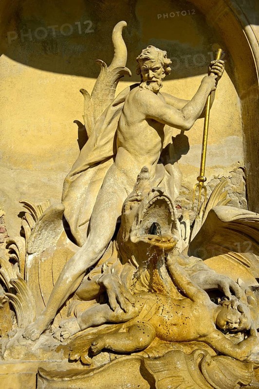Fountain figure of Neptune with trident, fountain in the side wing, Eszterhazy Castle, also known as Eszterháza Castle or Fertöd Castle, Esterhazy, Fertöd, Hungary, Europe