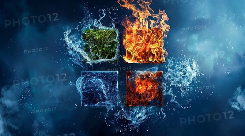 Four main earth elements earth, fire, wind, water. Concept of sustainable green energy and ecology, AI generated