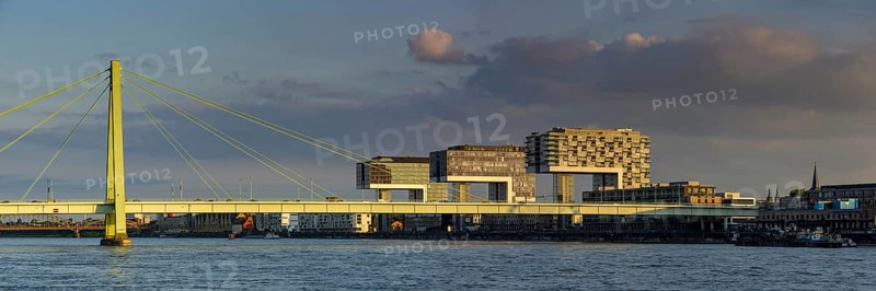 Severinsbrücke and Rheinauhafen harbour with crane houses, Cologne, North Rhine-Westphalia, Germany, Europe