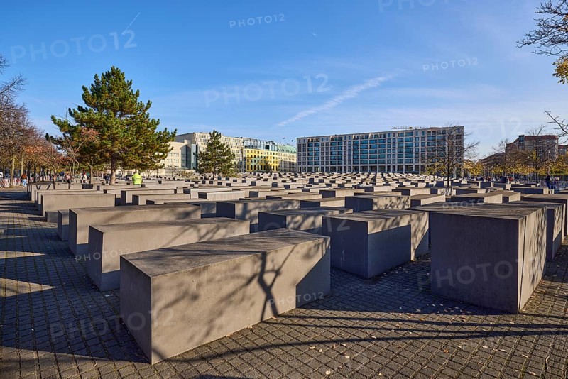 Memorial to the Murdered Jews of Europe, Holocaust Memorial under a blue sky on Cora-Berliner-Straße in Berlin, capital, independent city, federal state of Berlin, Germany, Europe