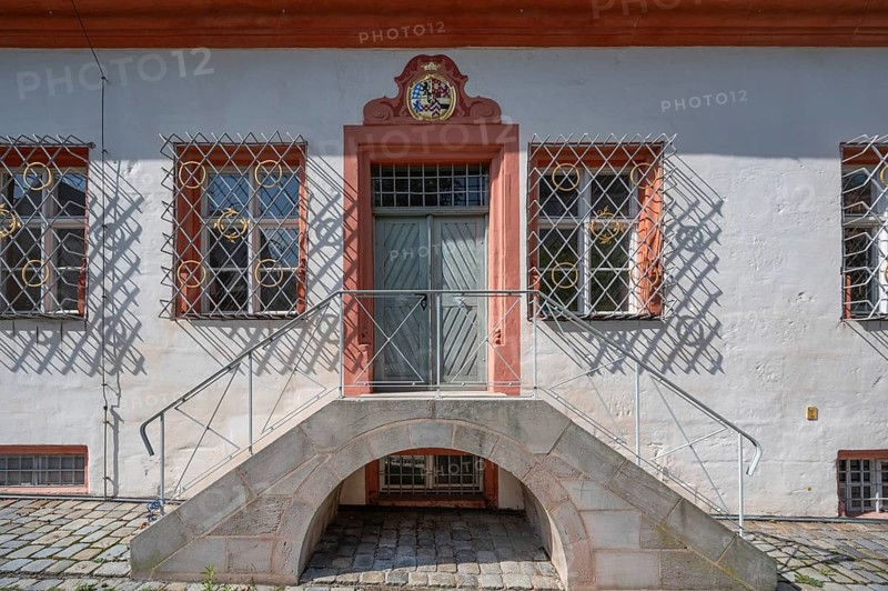 Entrance portal of the former chancellery and banqueting hall wing of the ducal residence, then rent office, now tax office, Spitalwinkel 3, Hiltpoltstein, Middle Franconia, Bavaria, Germany, Europe