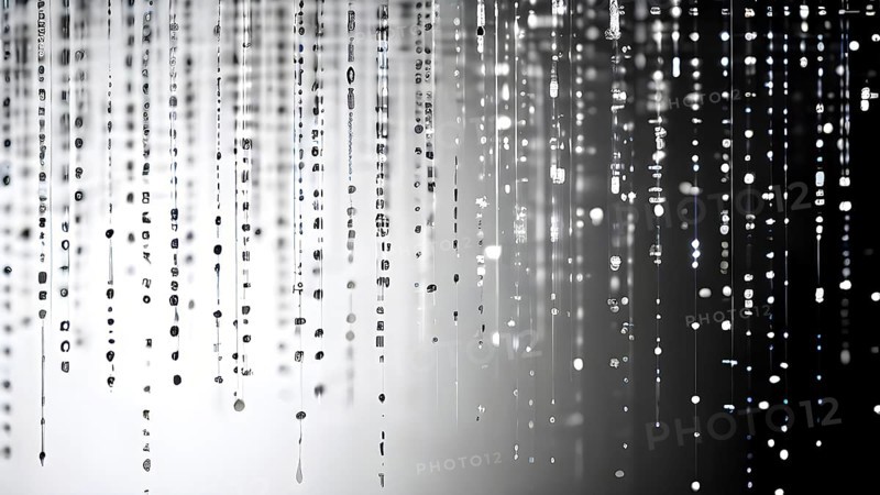 Abstract animation of binary code cascading down like digital rain, representing data insights in monochromatic black and white, AI generated