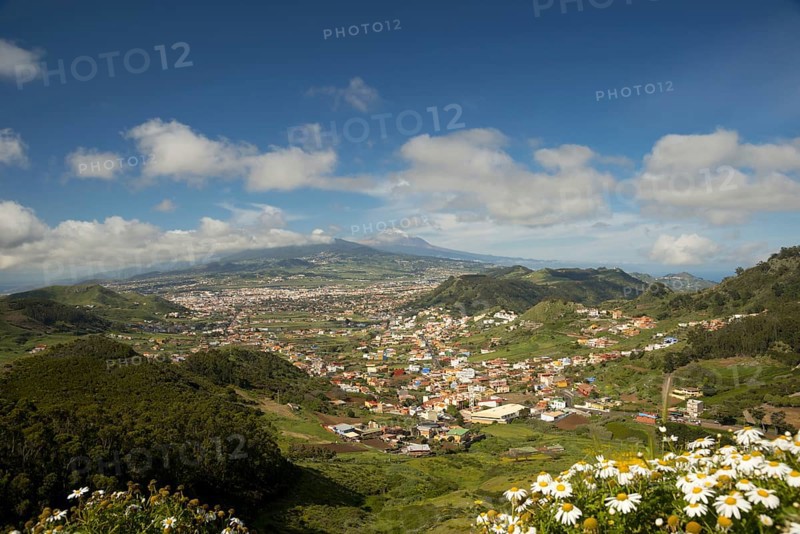 Panorama from Mirador de Jardina to San Cristobal de La Laguna, behind it the Pico de Teide, 3718m, Tenerife, Canary Islands, Spain, Europe