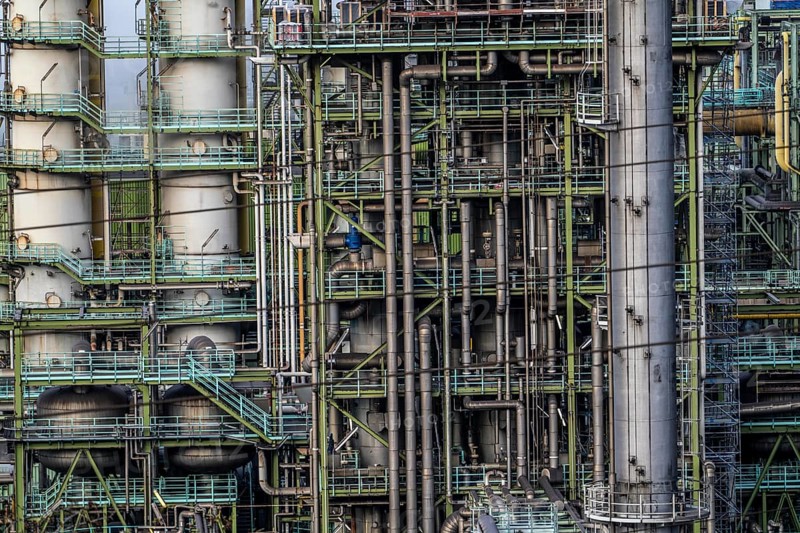 The chemical plants on the white side of the Schwelgern coking plant, which supplies over 2.5 million tonnes of coke to Thyssenkrupp Steel's Schwelgern blast furnace plant on the Rhine, is considered the most modern coking plant in the world with the world's largest coke oven batteries, Duisburg North Rhine-Westphalia, Germany, Europe