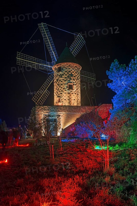 Old windmill at night, artistically illuminated in red and blue, surrounded by trees, world of lights, illumination, Mill Museum, Gifhorn, Lower Saxony, Germany, Europe