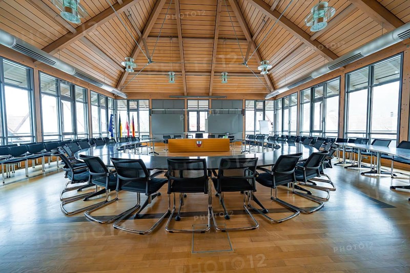 Spacious conference room with a dominant wooden structure and professional ambience, Nagold Town Hall, Black Forest, Germany, Europe