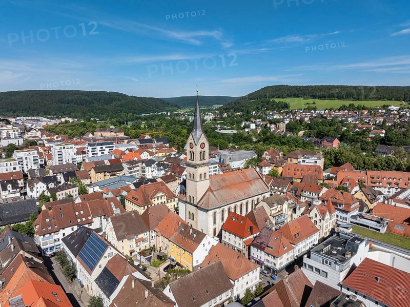 Aerial view of the city centre of Tuttlingen with the Protestant church of St. Peter and Paul, district of Tuttlingen, Black Forest, Baar, Heuberg, Baden-Württemberg, Germany, Europe