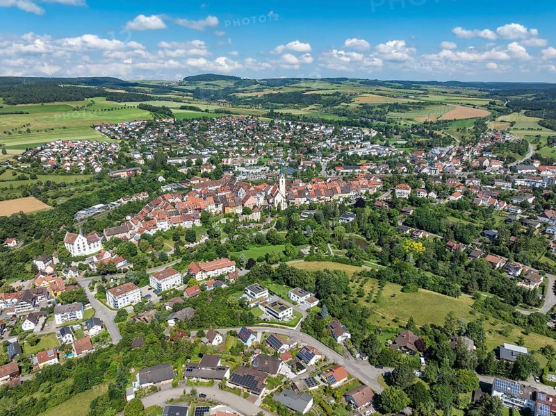 Aerial view of the town of Engen in Hegau with the historic old town, district of Constance, Baden-Württemberg, Germany, Europe