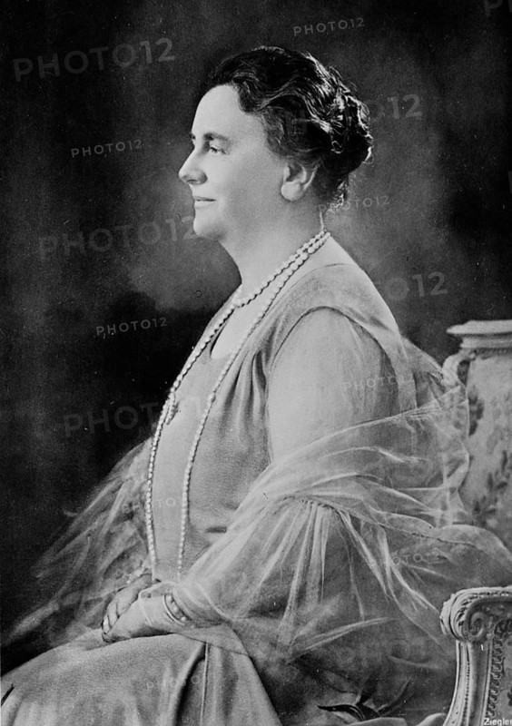 Wilhelmina (Wilhelmina Helena Pauline Maria: 1880-1962) Queen of the Kingdom of the Netherlands from 1890-1948. three-quarter profile portrait of the seated Queen Wilhelmina