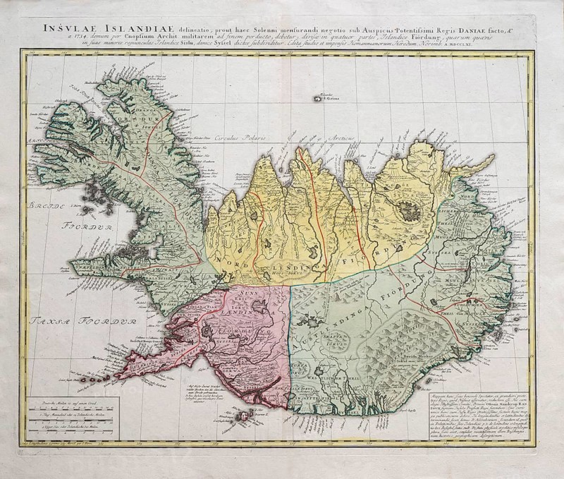 Old map of Iceland, Insulae Islandiae delineatio, old coloured copper engraving after T. H. Knopf, published by Homann Erben, 1761
