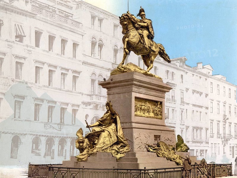 Equestrian monument, Victor Emmanuel II, Venice, Italy, Historic, digitally restored reproduction from a 19th century original, Record date not stated, Equestrian monument, Victor Emmanuel II, Venice, Italy, Historic, digitally restored reproduction from a 19th century original, Record date not stated, Europe