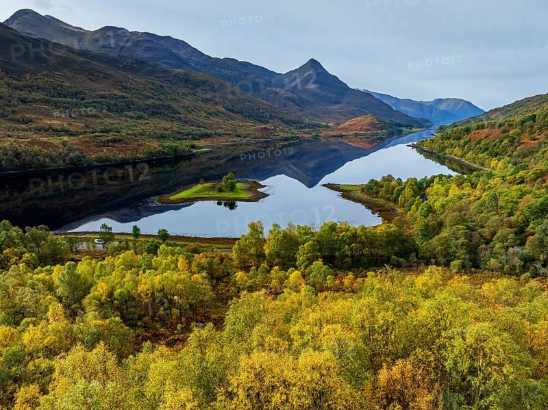 Fjord, coast, mountain landscape, reflection, island, autumn, autumn colours, aerial view, Loch Leven, Scotland, Great Britain