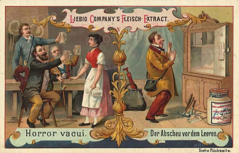 Picture series Sayings and Wisdoms, Horror vacui, The Abhorrence of Emptiness, Liebig picture, digitally restored reproduction of a collector's picture from ca. 1900, public domain, exact date unknown, men at a table admiring a drink while a woman serves. A man is frightened by an empty cupboard