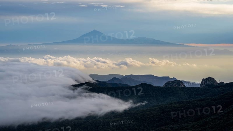 Sunrise, view of Mount Teide from Alto de Garajonay, Tenerife, Garajonay National Park, La Gomera, Canary Island, Spain, Europe
