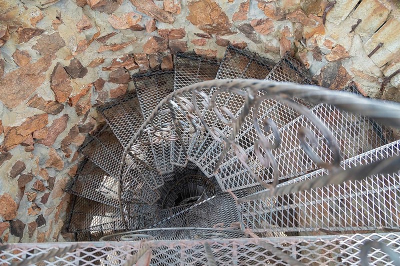 Rye, Colorado, A circular stairway near the top of a tower in Bishop Castle. The Castle is an elaborate stone and metal structure and roadside attraction. It is being built by Jim Bishop in the mountains of San Isabel National Forest