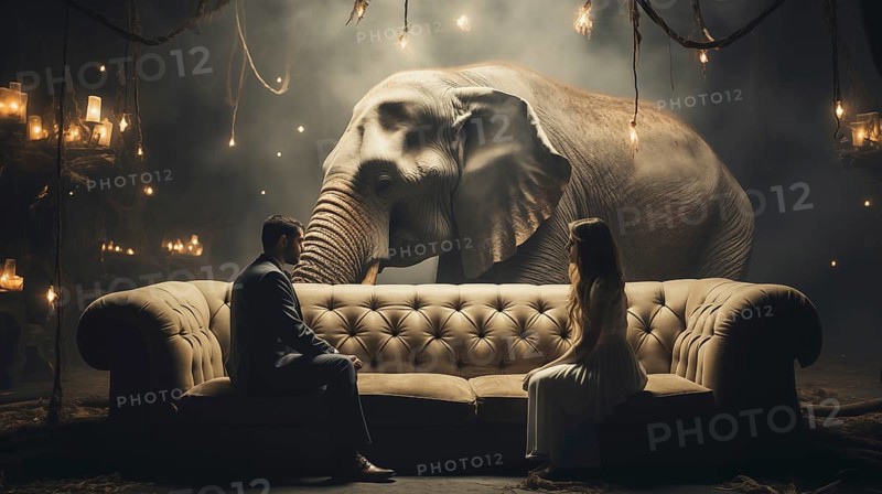 A young couple sitting uncomfortably on the couch together ignoring the elephant in the room. generative AI
