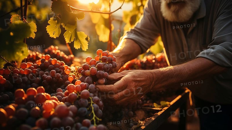 Weathered vintner inspects his wine grape harvest in the vineyard. generative AI
