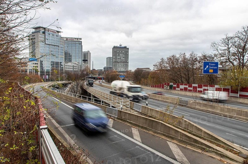 Motorway A40, Ruhrschnellweg, skyline of the city centre of Essen, exit Essen-Zentrum, this area would also be affected by a diesel driving ban, Essen, North Rhine-Westphalia, Germany, Europe
