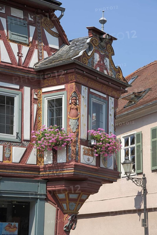 Oriel with ornamentation on half-timbered house, Einhardhaus, Seligenstadt, Main, Hesse, Germany, Europe