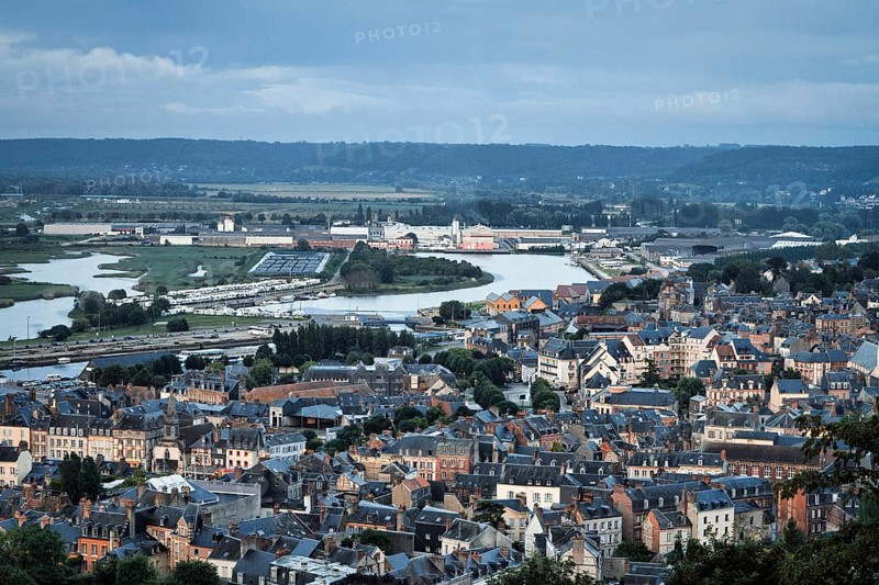 Panoramic view of the houses of the old town and the Seine from the Mont-Joli hill, dusk, Honfleur, Calvados department, Lower Normandy, France, Europe