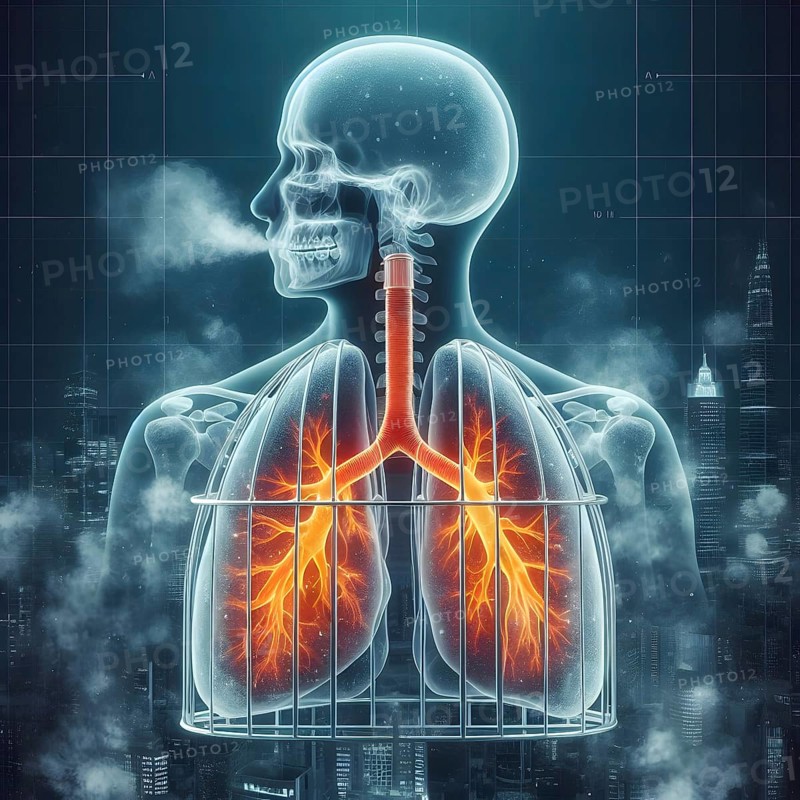 Air Pollution city and people suffers lung disease. Industrial pollution. Industrial smoke. Human lungs. AI generated