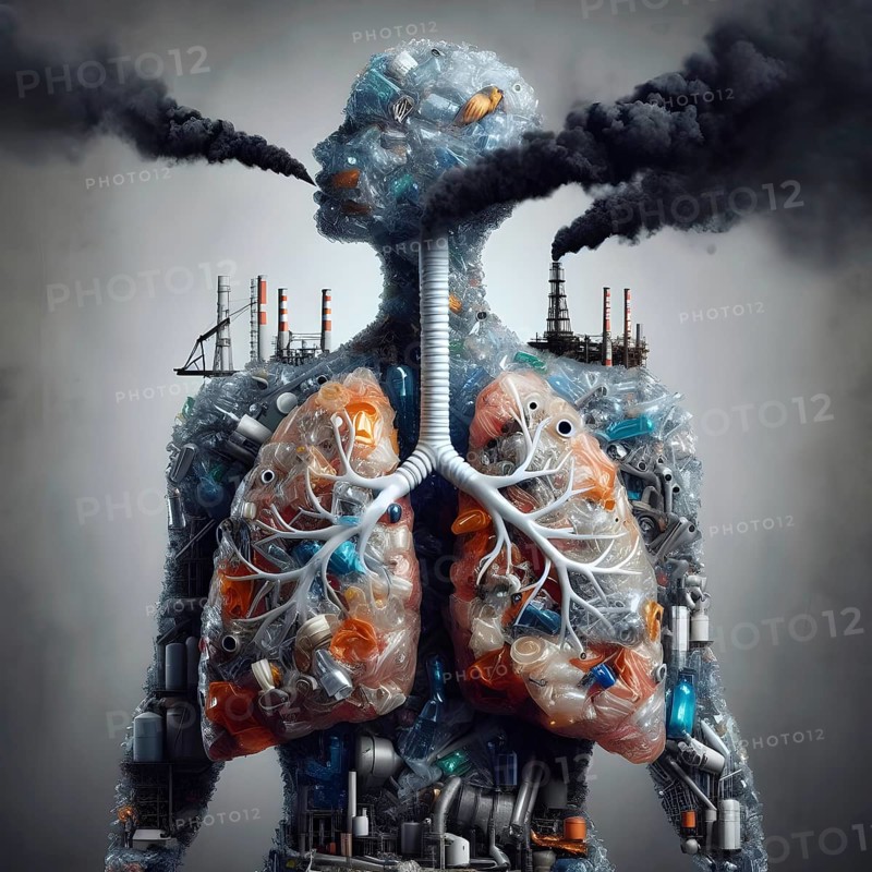 Air Pollution city and people suffers lung disease. Industrial pollution. Industrial smoke. Human lungs. AI generated